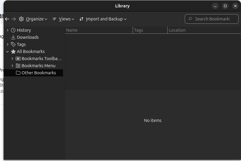 Firefox Library window showing the Import and Backup menu in the toolbar