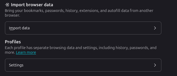 Firefox Settings page with the Import browser data section visible