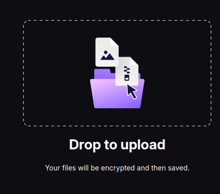 Proton Drive drop zone showing 'Drop to upload, your files will be encrypted and then saved'