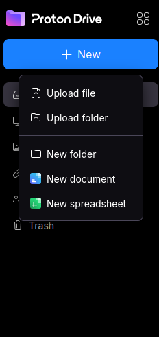 Proton Drive web UI showing the New menu with Upload file and Upload folder options
