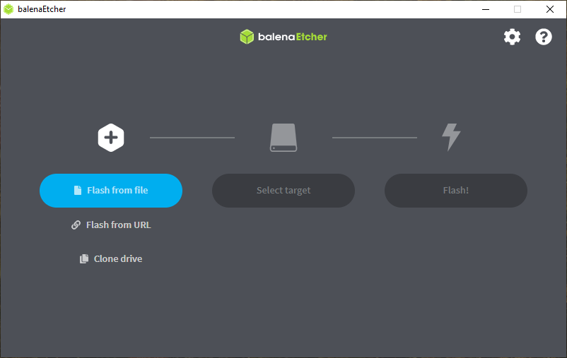 balenaEtcher start screen with the three steps: Flash from file, Select target, Flash