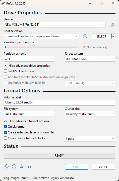 Rufus main window with an Ubuntu ISO selected, partition scheme GPT, target system UEFI, status READY
